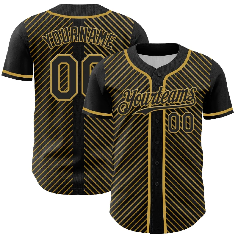 Baseball Jersey With Performance Fabric-Custom Black Old Gold 3D Pattern Design Diagonal Stripes Authentic Baseball Jersey