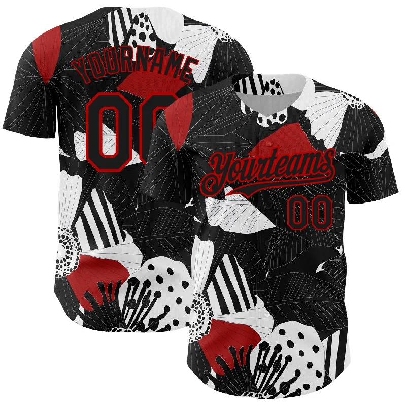 Baseball Jersey With Reinforced Seams-Custom Black Red-White 3D Pattern Design Flower Authentic Baseball Jersey