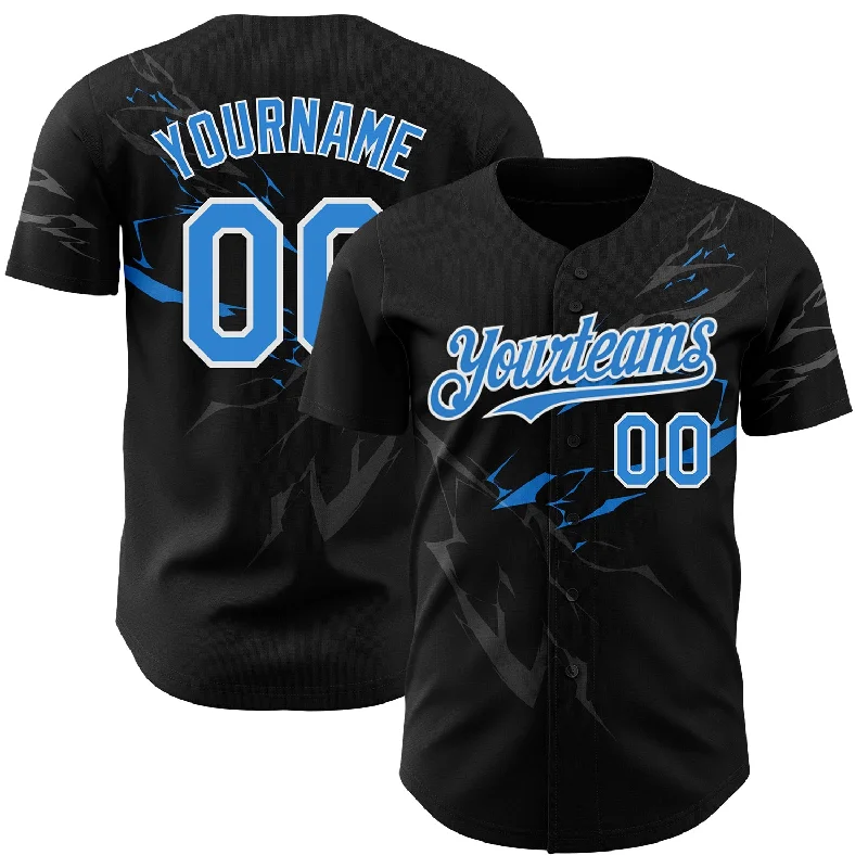 Baseball Jersey With Recycled Polyester-Custom Black Electric Blue-White 3D Pattern Design Lightning Authentic Baseball Jersey