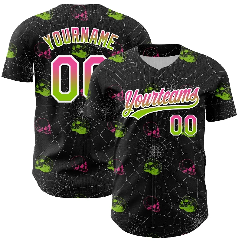 Baseball Jersey With Contrast Sleeves-Custom Black Pink-Neon Green 3D Gothic Style Fluorescence Skull Authentic Baseball Jersey