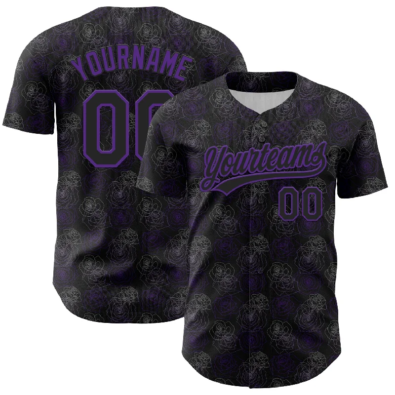 Baseball Jersey With Cool Base Technology-Custom Black Purple 3D Pattern Design Gothic Style Rose Authentic Baseball Jersey