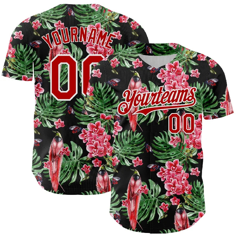 Baseball Jersey With Tapered Fit-Custom Black Red-White 3D Pattern Design Tropical Plant And Bird Authentic Baseball Jersey