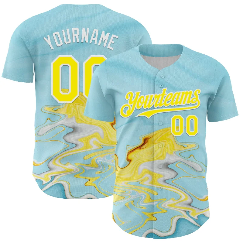 Baseball Jersey With Camo Print-Custom Ice Blue Light Yellow-White 3D Pattern Design Abstract Liquid Fluid Art Authentic Baseball Jersey