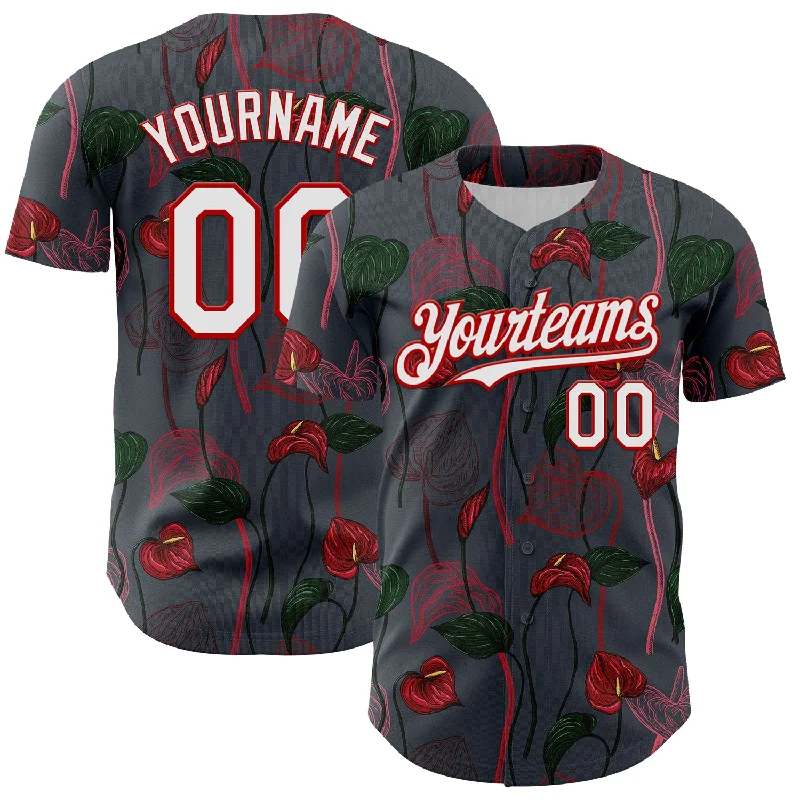 Baseball Jersey With Eco-Friendly Material-Custom Gray White-Red 3D Pattern Design Tropical Anthurium Flower Authentic Baseball Jersey