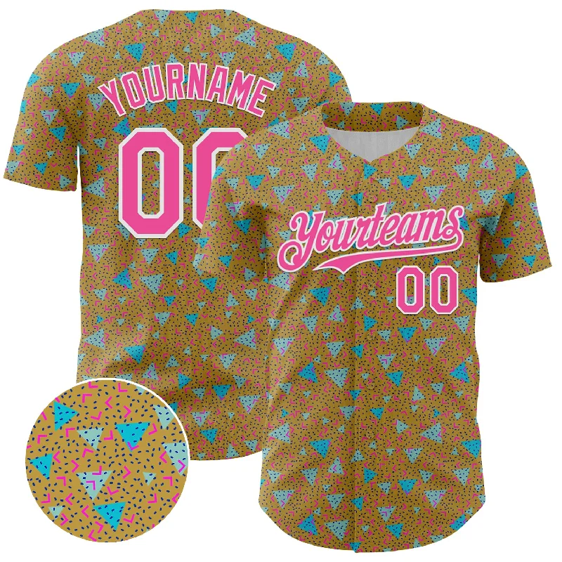 Baseball Jersey With Oversized Sleeves-Custom Old Gold Pink-White 3D Pattern Design Geometric Shape Authentic Baseball Jersey