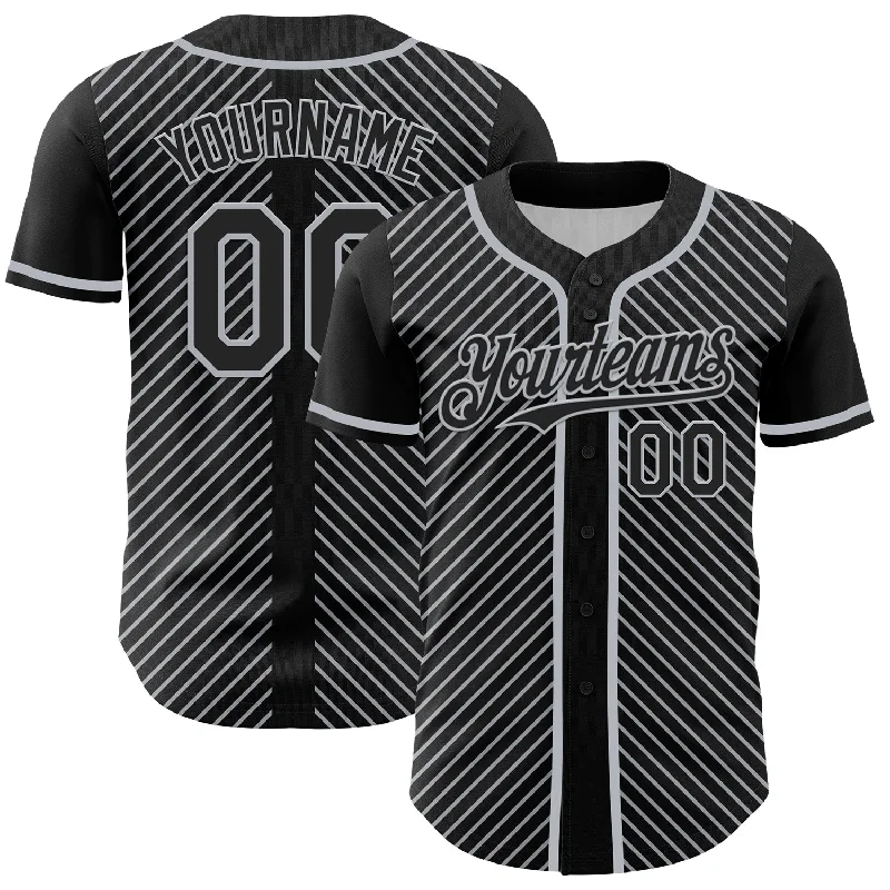 Baseball Jersey With Quick-Dry Material-Custom Black Gray 3D Pattern Design Diagonal Stripes Authentic Baseball Jersey