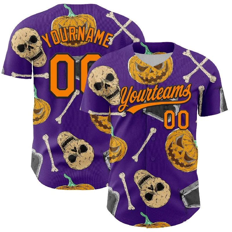 Baseball Jersey For Game Day-Custom Purple Bay Orange-Black 3D Pattern Halloween Skull Authentic Baseball Jersey