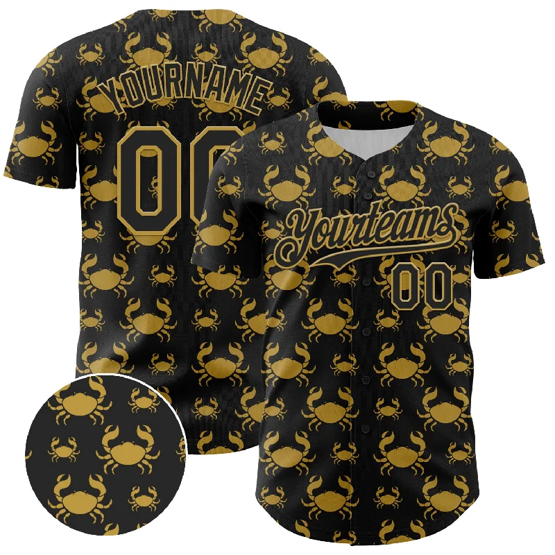 Baseball Jersey With Tapered Fit-Custom Black Old Gold 3D Pattern Design Animal Crab Fruit Lemon Authentic Baseball Jersey