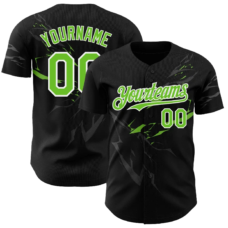 Baseball Jersey With Eco-Friendly Material-Custom Black Neon Green-White 3D Pattern Design Lightning Authentic Baseball Jersey