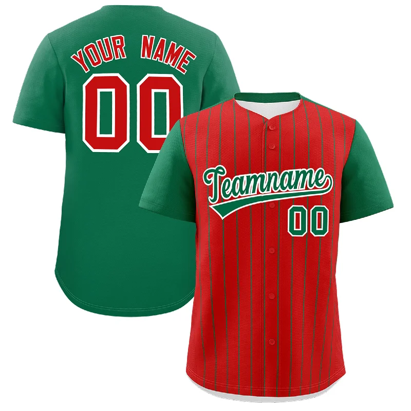 Baseball Jersey With Ribbed Collar-Custom Red Kelly Green Pinstripe Personalized Two-Tone Authentic Baseball Jersey