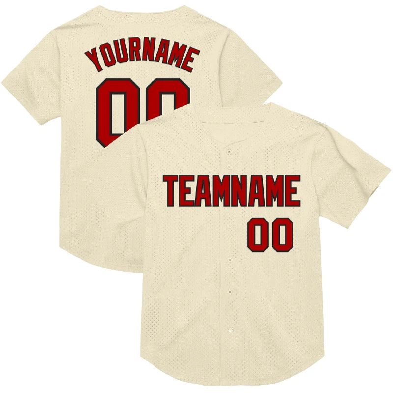 Baseball Jersey With Player Autograph-Custom Cream Red-Black Mesh Authentic Throwback Baseball Jersey