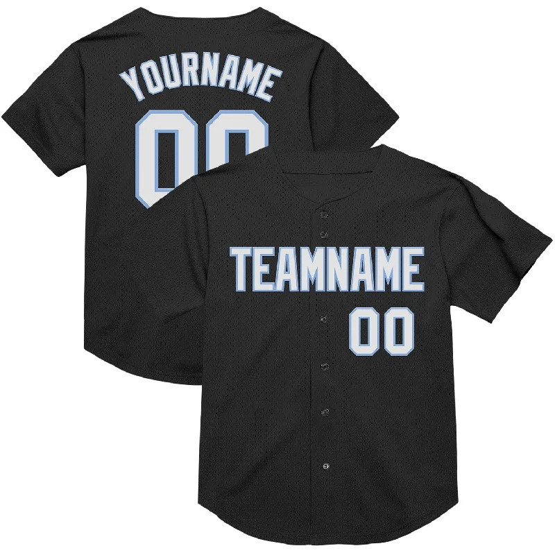 Baseball Jersey With High-Tech Material-Custom Black White-Light Blue Mesh Authentic Throwback Baseball Jersey