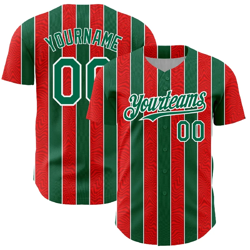 Baseball Jersey With Sun Protection-Custom Red Kelly Green-White 3D Pattern Design Stripe Authentic Baseball Jersey