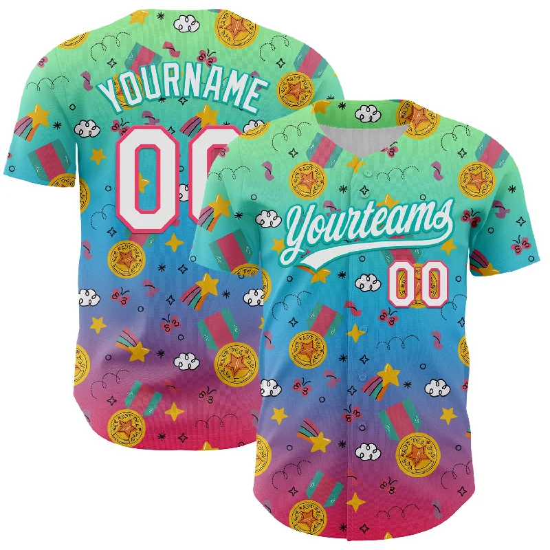 Baseball Jersey With Soft Touch Fabric-Custom Pea Green Neon Pink Aqua-Sky Blue 3D Pattern Design Champion Medal Authentic Baseball Jersey