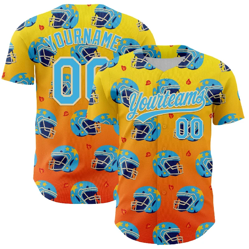 Baseball Jersey With Glow-In-The-Dark Print-Custom Light Yellow Sky Blue Orange-Cream 3D Pattern Design Flame Football Helmet Authentic Baseball Jersey