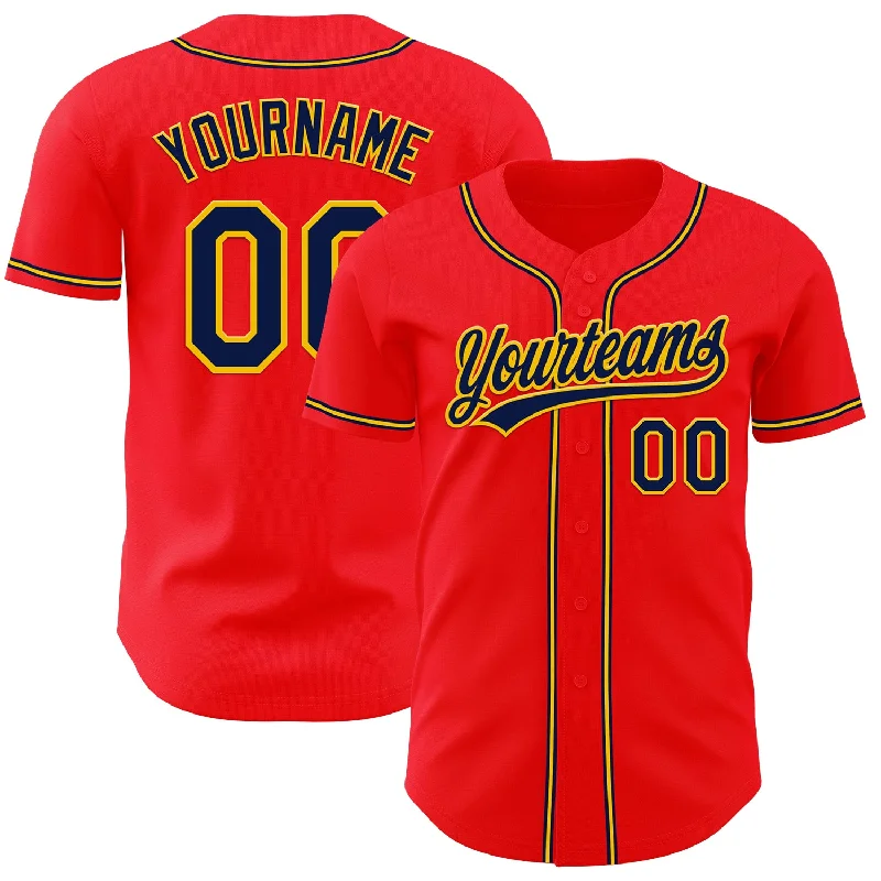 Baseball Jersey With 3D Embroidery-Custom Fire Red Navy-Yellow Authentic Baseball Jersey