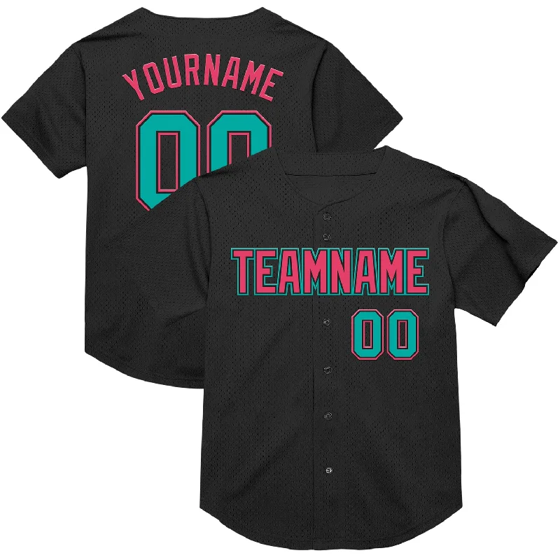 Baseball Jersey With No-Chafe Seams-Custom Black Aqua-Neon Pink Mesh Authentic Throwback Baseball Jersey