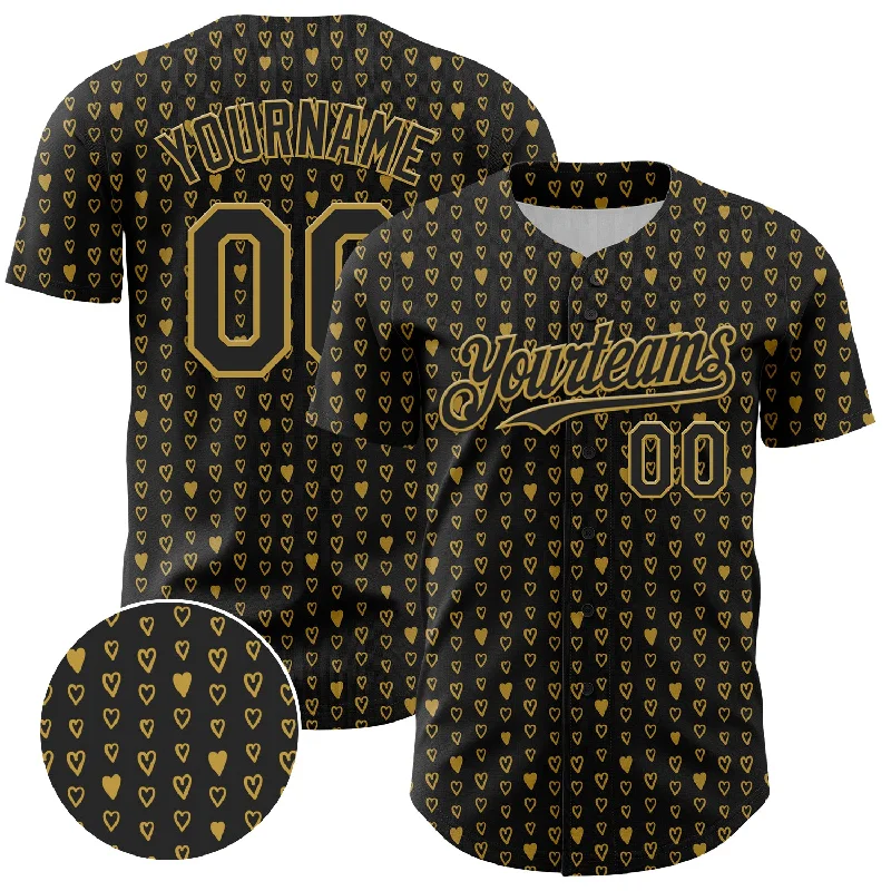 Baseball Jersey With High Collar-Custom Black Old Gold 3D Pattern Design Hearts Authentic Baseball Jersey