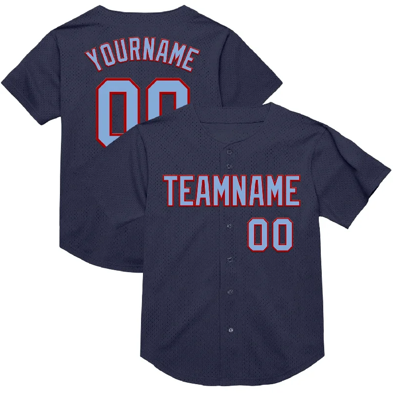 Baseball Jersey For Little League-Custom Navy Light Blue-Red Mesh Authentic Throwback Baseball Jersey