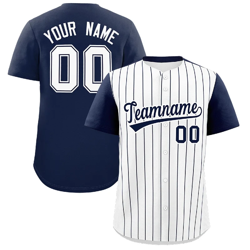 Baseball Jersey With Sleeveless Design-Custom White Navy Pinstripe Personalized Two-Tone Authentic Baseball Jersey