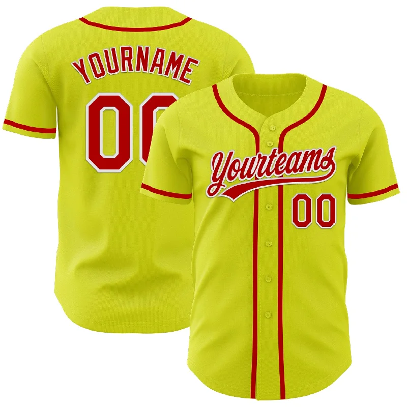 Baseball Jersey With Heat-Sealed Graphics-Custom Neon Yellow Red-White Authentic Baseball Jersey