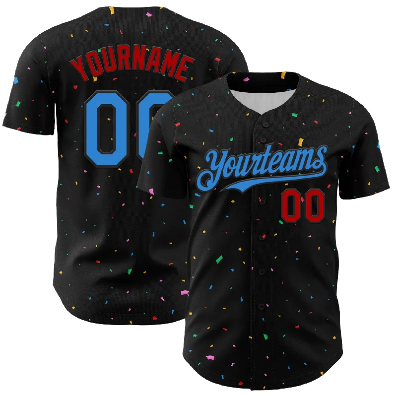 Baseball Jersey With No-Chafe Seams-Custom Black Electric Blue-Red 3D Pattern Design Confetti Authentic Baseball Jersey