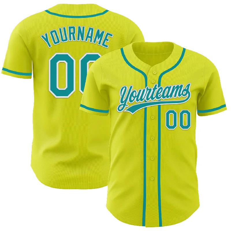 Baseball Jersey With Long Sleeves-Custom Neon Yellow Teal-White Authentic Baseball Jersey