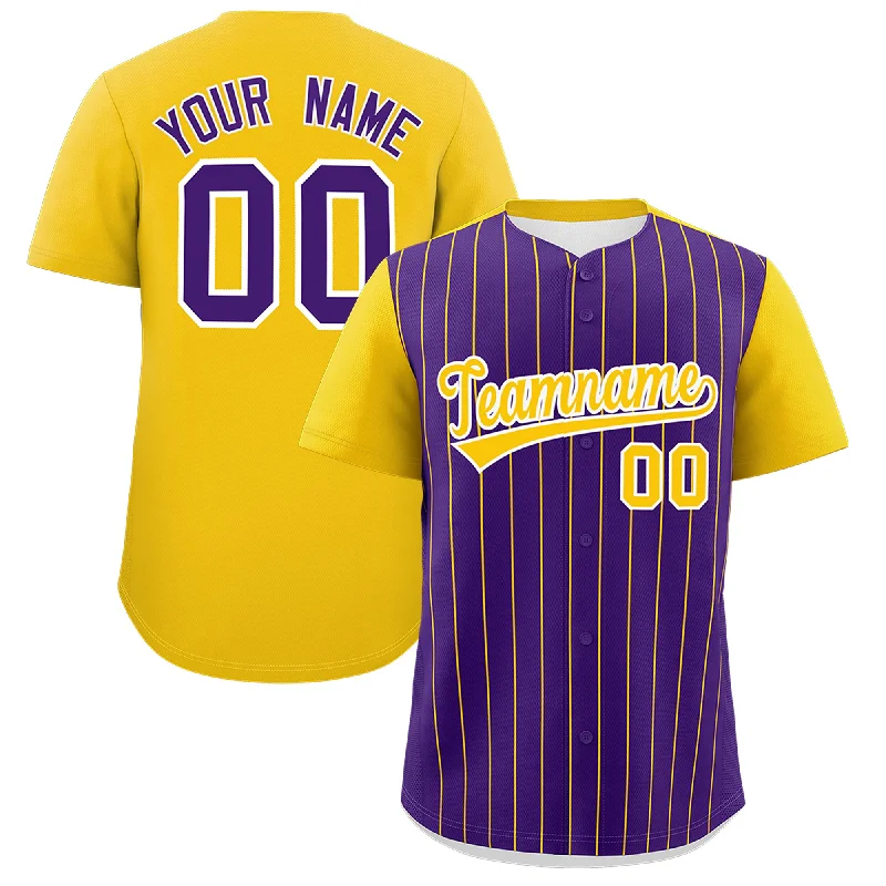 Baseball Jersey With Side Slits-Custom Purple Gold Pinstripe Personalized Two-Tone Authentic Baseball Jersey