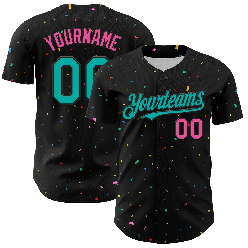 Baseball Jersey With Lightweight Padding-Custom Black Aqua-Pink 3D Pattern Design Confetti Authentic Baseball Jersey