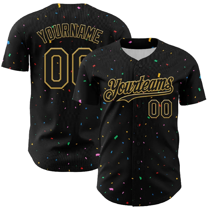 Baseball Jersey With Reinforced Shoulders-Custom Black Old Gold 3D Pattern Design Confetti Authentic Baseball Jersey