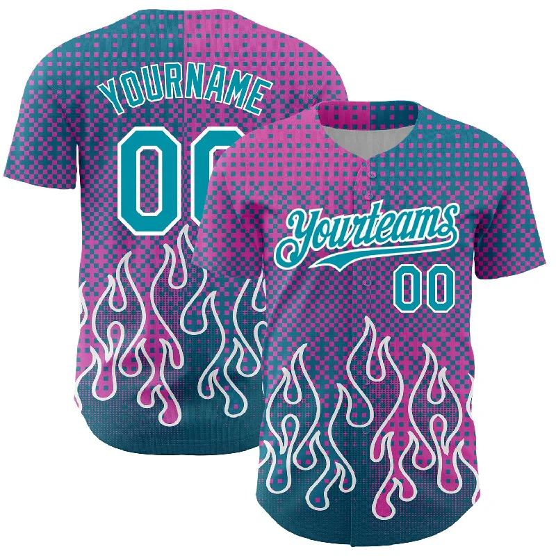 Baseball Jersey With Throwback Style-Custom Pink Teal-White 3D Pattern Design Flame Authentic Baseball Jersey