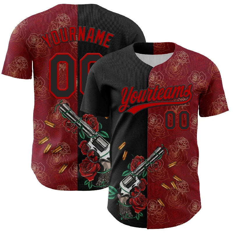 Baseball Jersey For Practice-Custom Crimson Black-Red 3D Pattern Design Gothic Style Gun With Rose Authentic Baseball Jersey