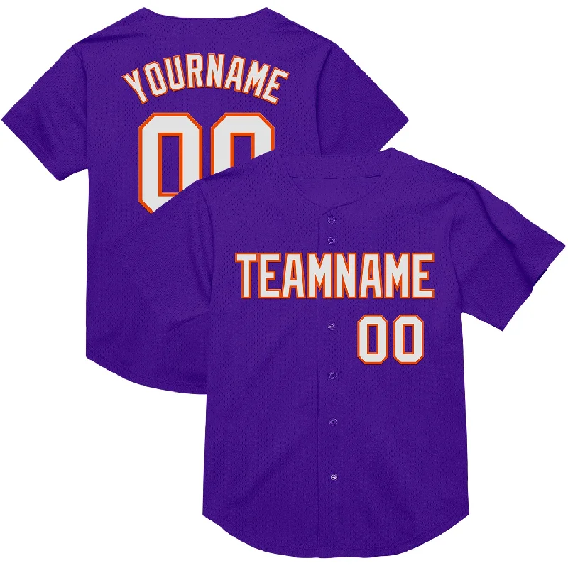 Baseball Jersey With Mesh Fabric-Custom Purple White-Orange Mesh Authentic Throwback Baseball Jersey