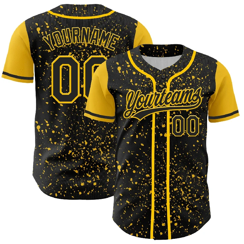 Baseball Jersey With Classic Baseball Script-Custom Black Yellow 3D Pattern Design Abstract Splatter Ink Authentic Baseball Jersey