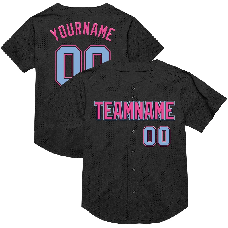 Baseball Jersey With Premium Stitching-Custom Black Light Blue-Pink Mesh Authentic Throwback Baseball Jersey