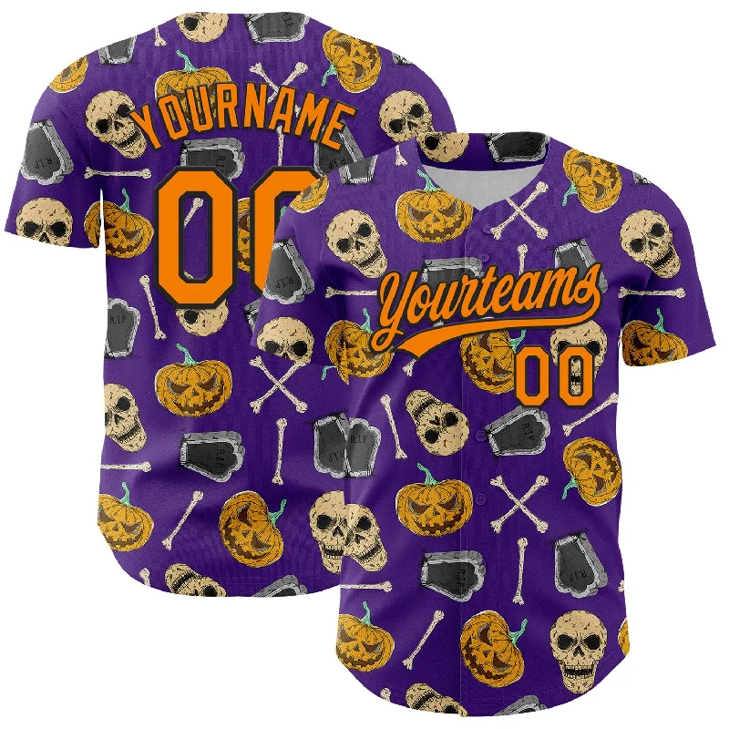 Baseball Jersey For Softball-Custom Purple Bay Orange-Black 3D Pattern Halloween Skull Authentic Baseball Jersey