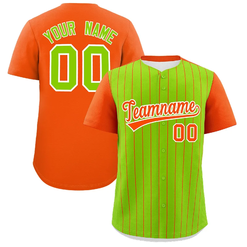 Baseball Jersey With Full Button Front-Custom Neon Green Orange Pinstripe Personalized Two-Tone Authentic Baseball Jersey