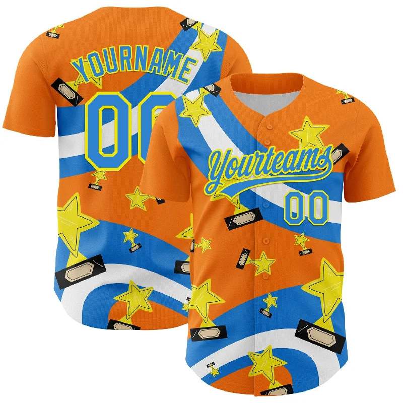 Baseball Jersey With Bold Graphic Print-Custom Bay Orange Electric Blue-Light Yellow 3D Pattern Design Champion Trophy Authentic Baseball Jersey