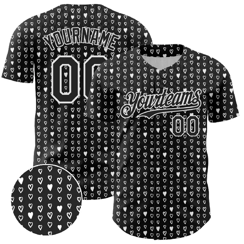 Baseball Jersey With Hooded Design-Custom Black White 3D Pattern Design Hearts Authentic Baseball Jersey