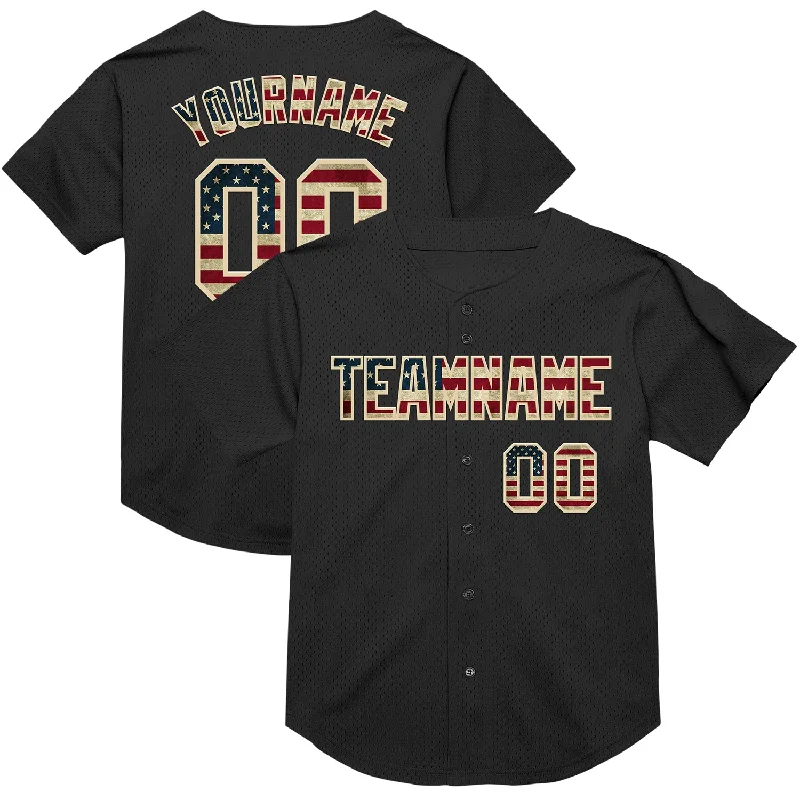 Baseball Jersey With Stitched Letters-Custom Black Vintage USA Flag-Cream Mesh Authentic Throwback Baseball Jersey