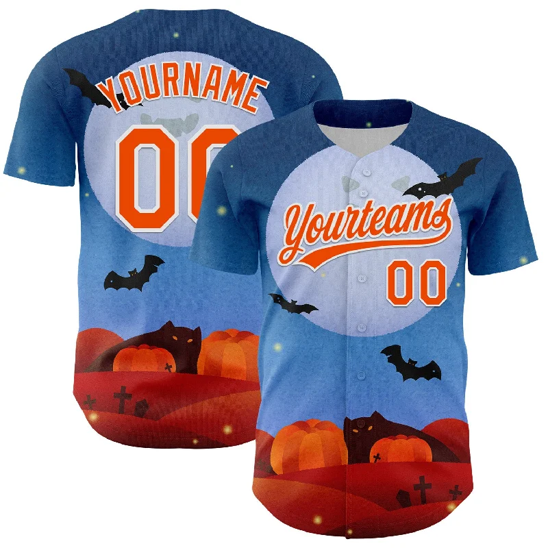 Baseball Jersey With Sustainable Fabric-Custom Blue Orange-White 3D Halloween Authentic Baseball Jersey