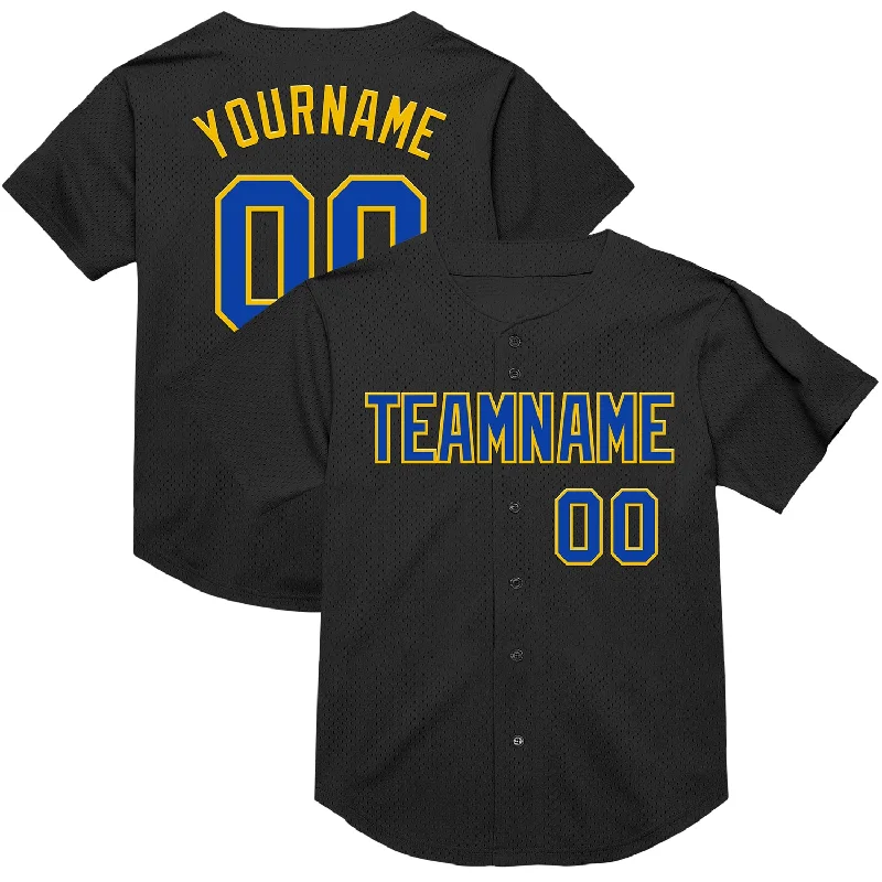 Baseball Jersey With Sustainable Fabric-Custom Black Thunder Blue-Yellow Mesh Authentic Throwback Baseball Jersey