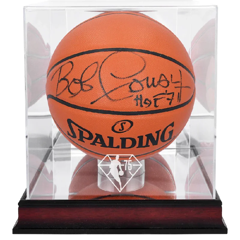 Basketball Recovery-Bob Cousy Signed Boston Celtics  Spalding Indoor/Outdoor Basketball with "HOF 71" Inscription and Mahogany NBA 75th Anniversary Logo Display Case (Fanatics)