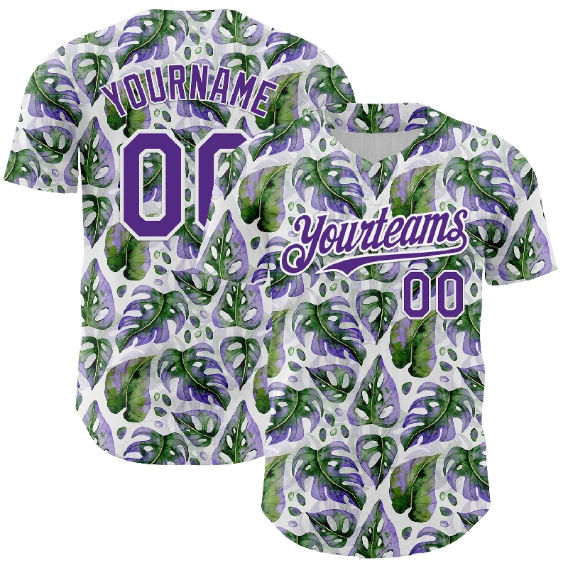 Baseball Jersey With Double-Layer Fabric-Custom White Purple 3D Pattern Design Tropical Monstera Authentic Baseball Jersey