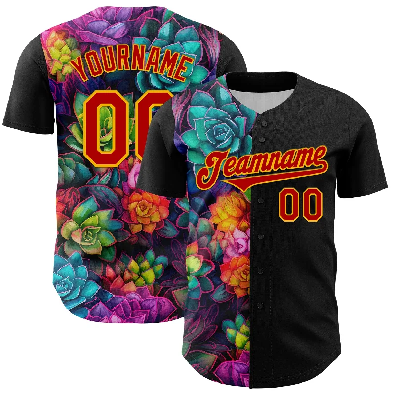 Baseball Jersey With V-Neck Design-Custom Black Red-Gold 3D Pattern Design Rave Flower Authentic Baseball Jersey