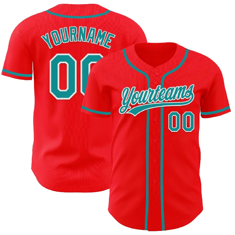 Baseball Jersey With Unique Font Styles-Custom Fire Red Teal-White Authentic Baseball Jersey