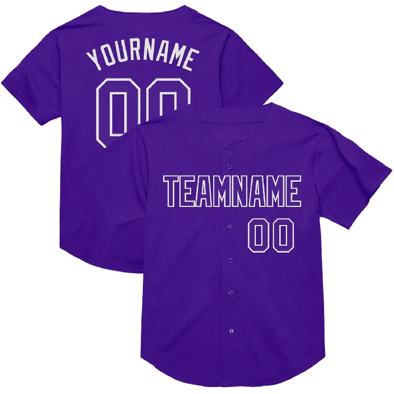 Baseball Jersey With Heat-Sealed Graphics-Custom Purple White Mesh Authentic Throwback Baseball Jersey