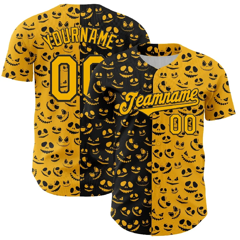 Baseball Jersey With Water Resistance-Custom Gold Black 3D Pattern Design Rave Halloween Pumpkin Authentic Baseball Jersey