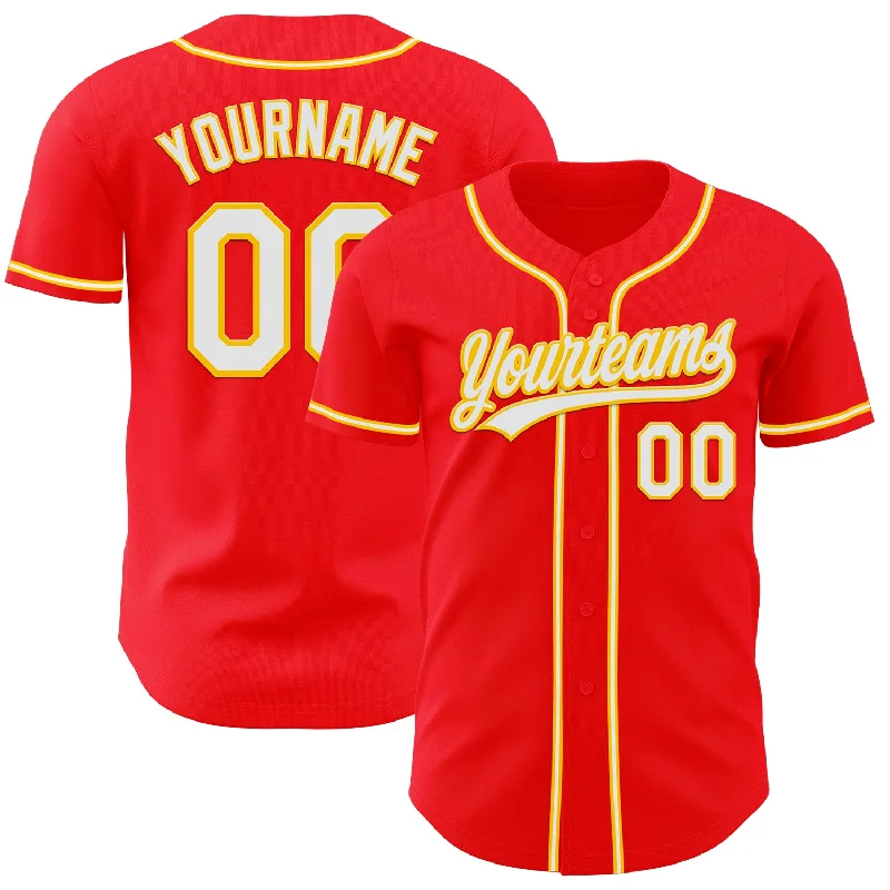 Baseball Jersey With Bold Graphic Print-Custom Fire Red White-Yellow Authentic Baseball Jersey