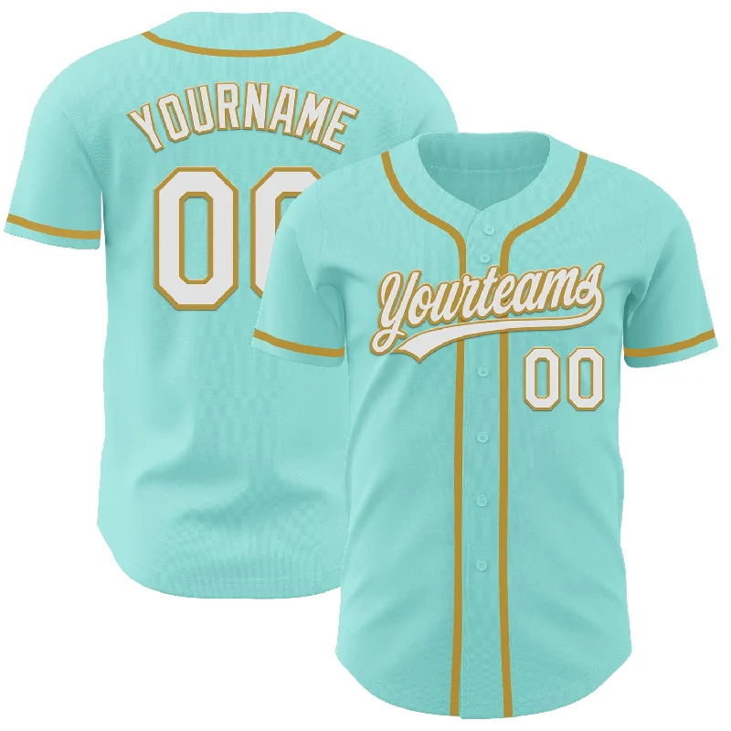 Baseball Jersey With Mesh Fabric-Custom Ice Blue White-Old Gold Authentic Baseball Jersey